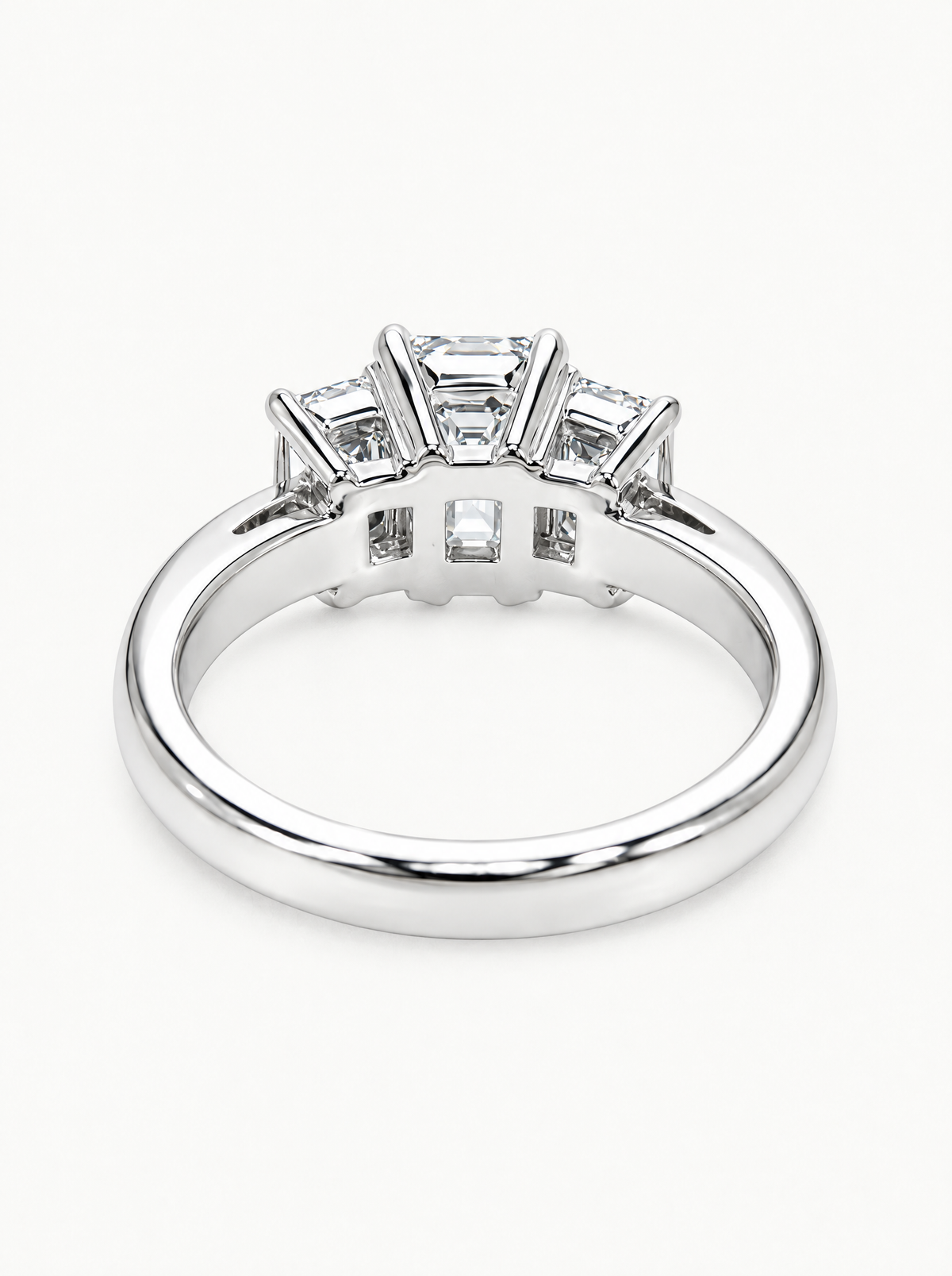 3.00 ctw Emerald Three-Stone Lab-Grown Diamond Engagement Ring in 14K white gold, angled side view — Bow Tie Lab Diamonds