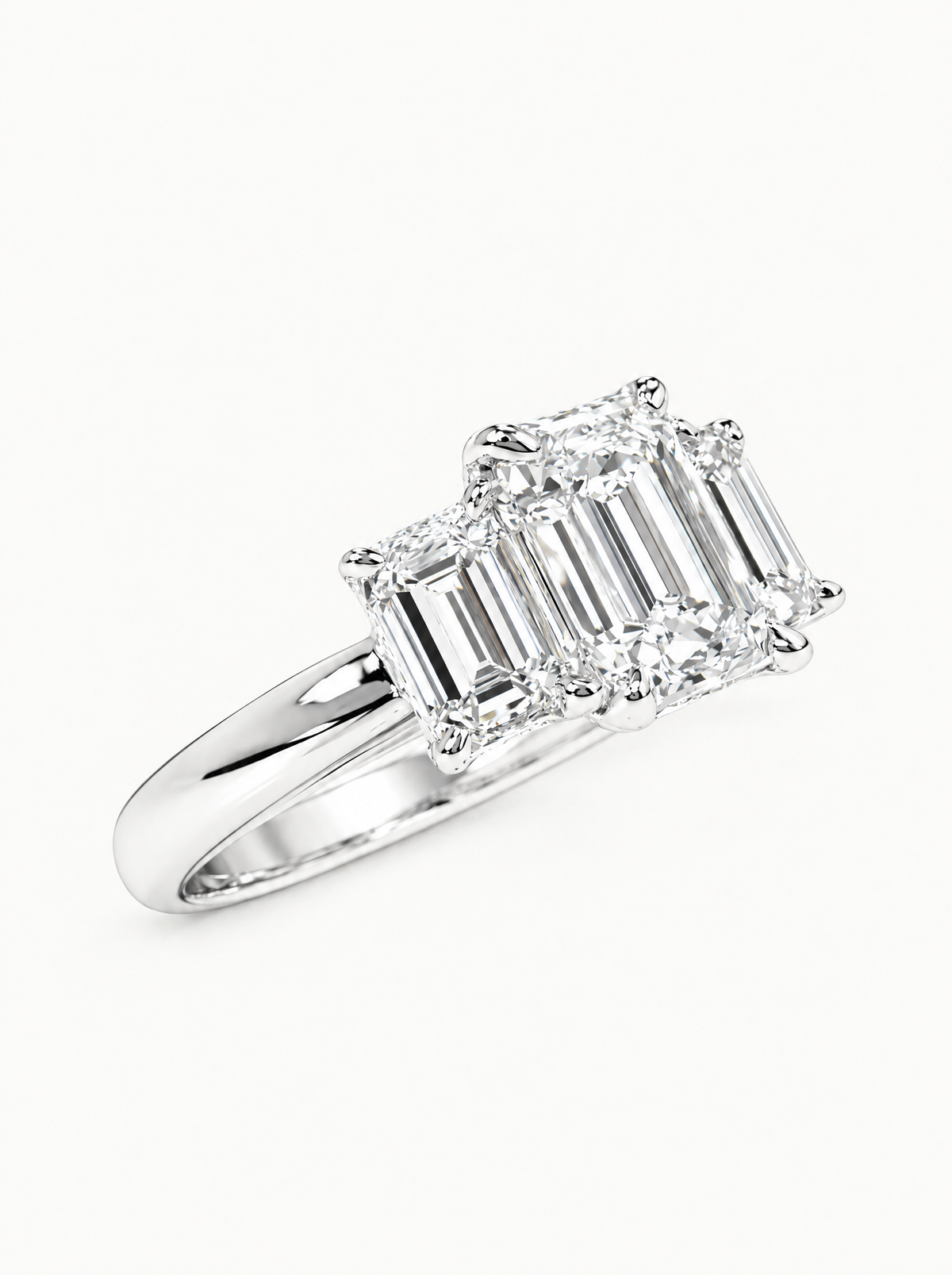 3.00 ctw Emerald Three-Stone Lab-Grown Diamond Engagement Ring in 14K white gold, front view — Bow Tie Lab Diamonds