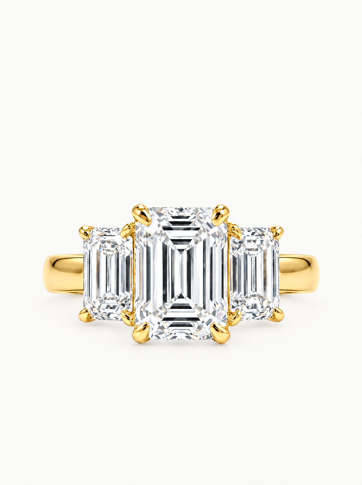 3.00 ctw Emerald Three-Stone Lab-Grown Diamond Engagement Ring in 14K yellow gold, front view — Bow Tie Lab Diamonds