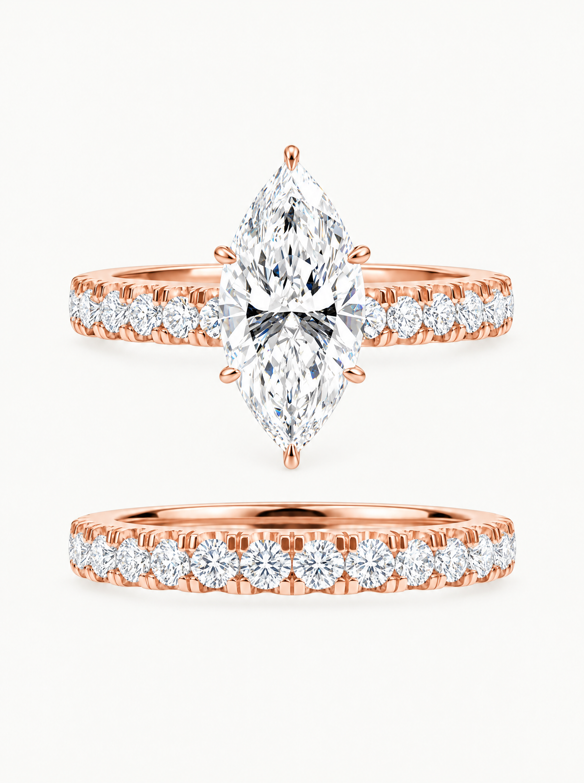 3.00 ctw Marquise Shared Prong Lab-Grown Diamond Bridal Set in 14K rose gold, front view — Bow Tie Lab Diamonds