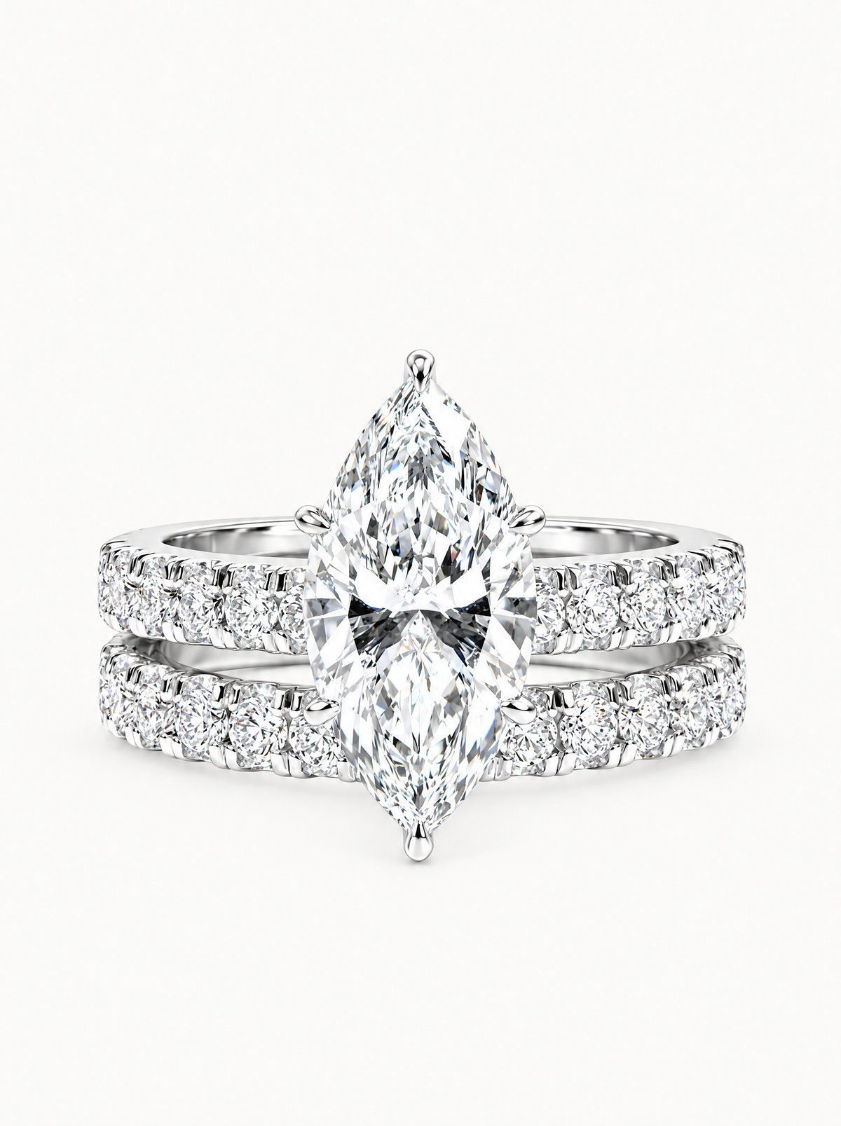 3.00 ctw Marquise Shared Prong Lab-Grown Diamond Bridal Set in 14K white gold, front view — Bow Tie Lab Diamonds