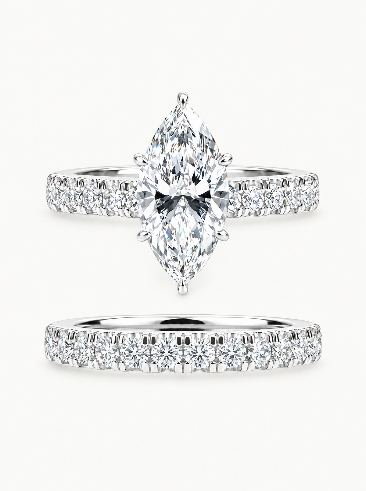 3.00 ctw Marquise Shared Prong Lab-Grown Diamond Bridal Set in 14K white gold, angled side view — Bow Tie Lab Diamonds