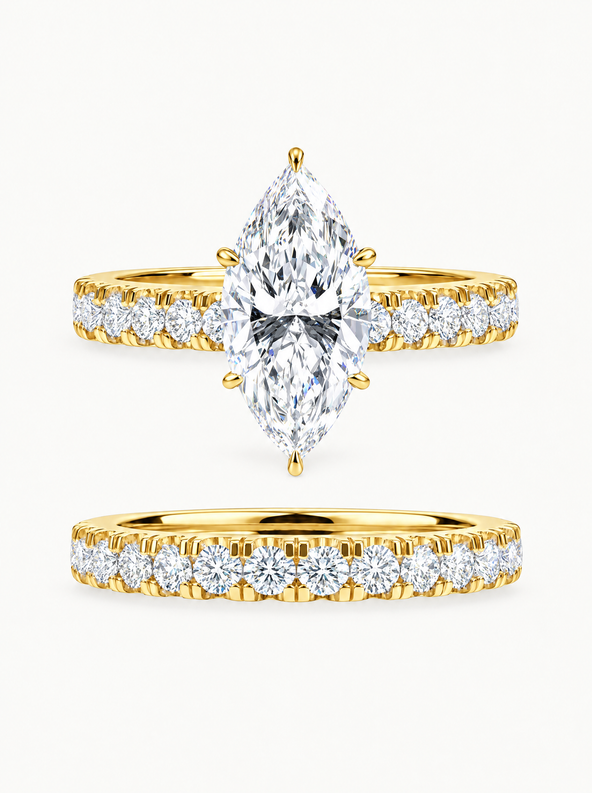 3.00 ctw Marquise Shared Prong Lab-Grown Diamond Bridal Set in 14K yellow gold, front view — Bow Tie Lab Diamonds