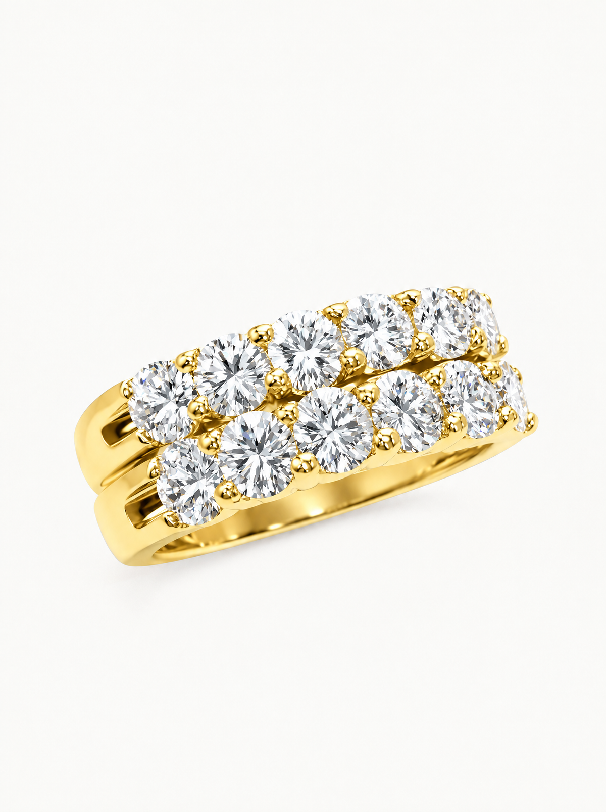 3.00 ctw Round 12-Stones Pave Lab-Grown Diamond Double-Row Band in 14K yellow gold, angled side view — Bow Tie Lab Diamonds