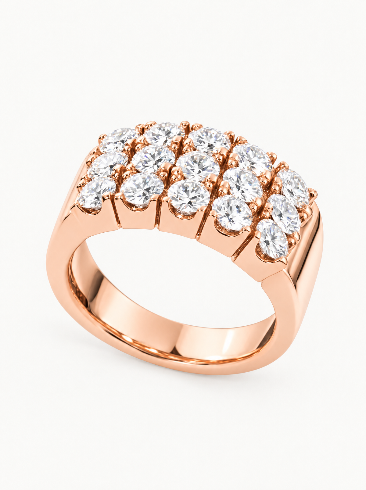 3.00 ctw Round Three-Row Pave Lab-Grown Diamond Band in 14K rose gold, front view — Bow Tie Lab Diamonds