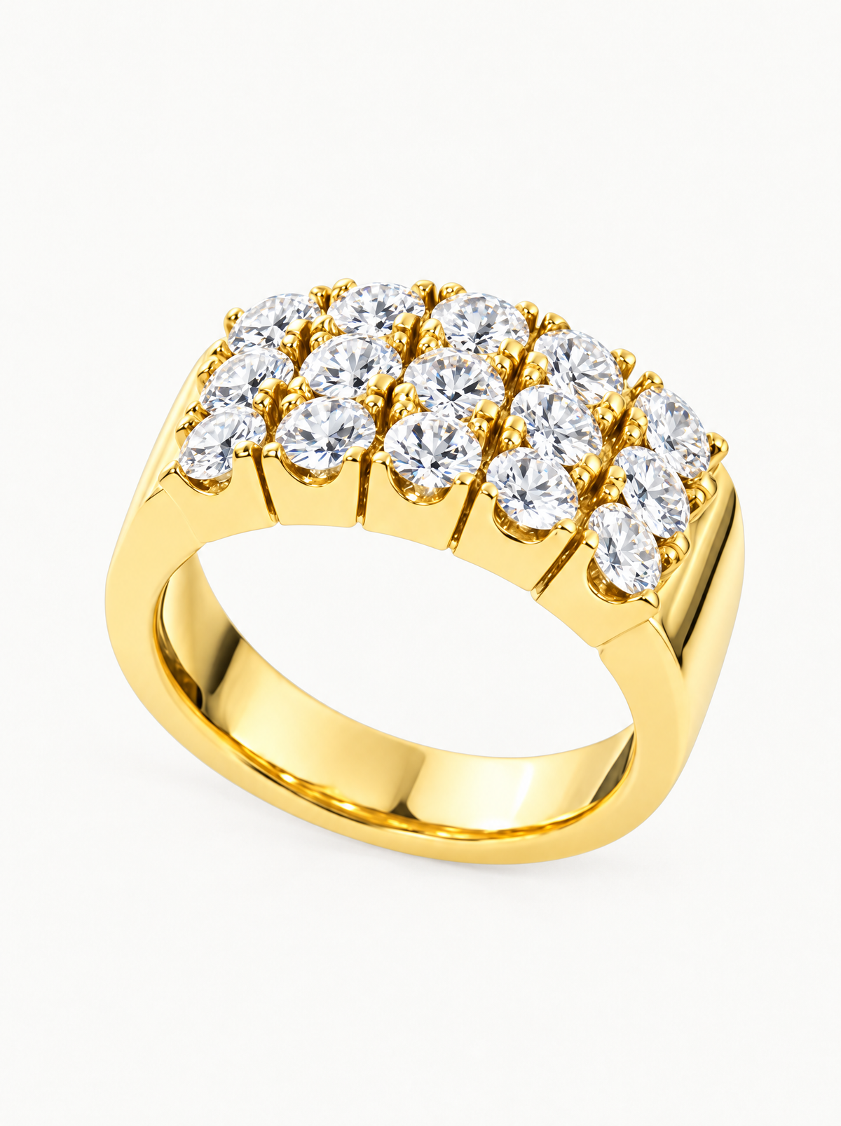 3.00 ctw Round Three-Row Pave Lab-Grown Diamond Band in 14K yellow gold, angled side view — Bow Tie Lab Diamonds