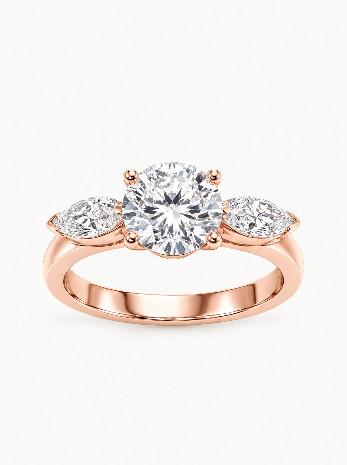 3.00 ctw Round & Marquise Three-Stone Lab-Grown Diamond Engagement Ring in 14K rose gold, front view — Bow Tie Lab Diamonds