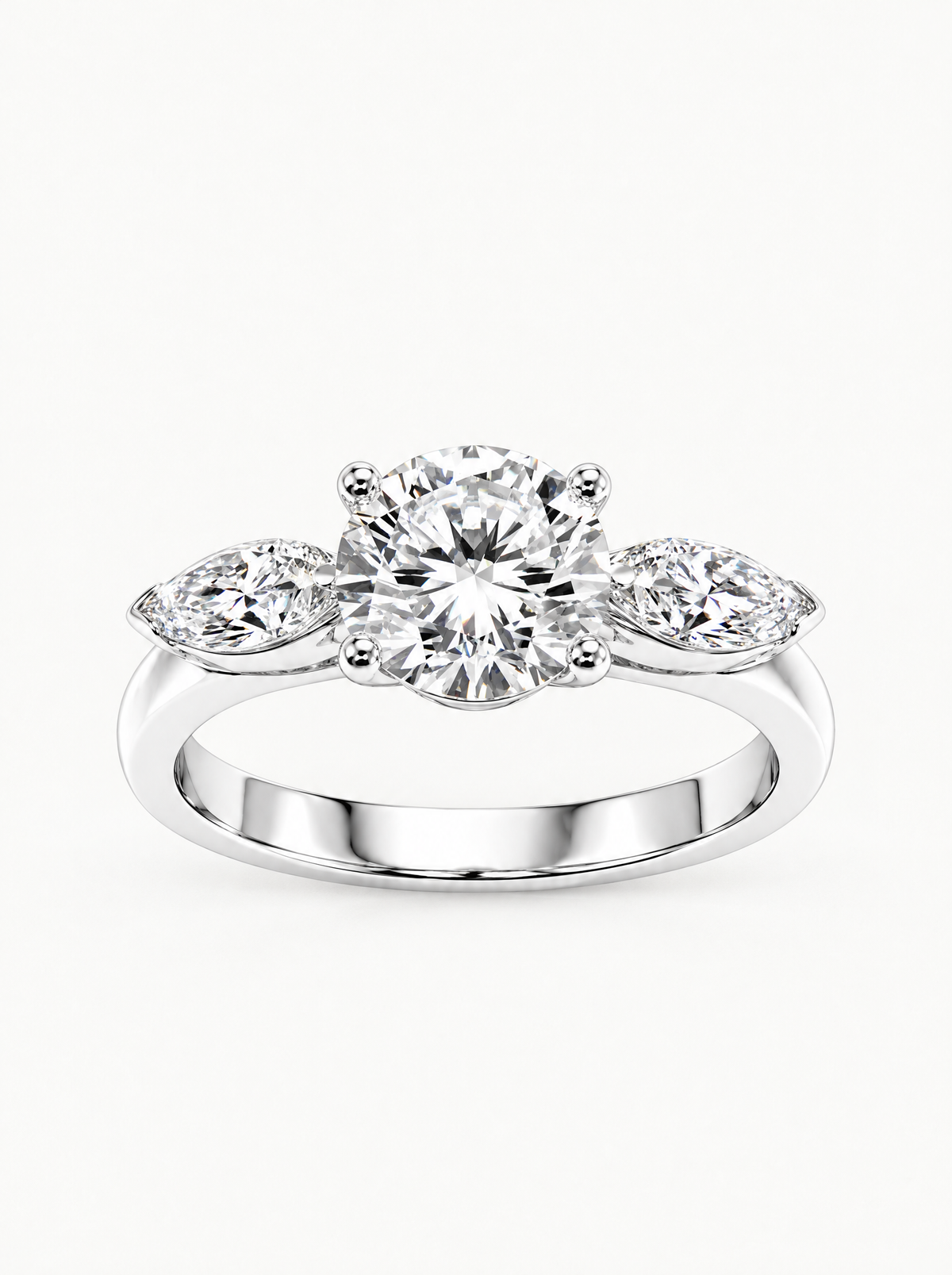 3.00 ctw Round & Marquise Three-Stone Lab-Grown Diamond Engagement Ring in 14K white gold, front view — Bow Tie Lab Diamonds