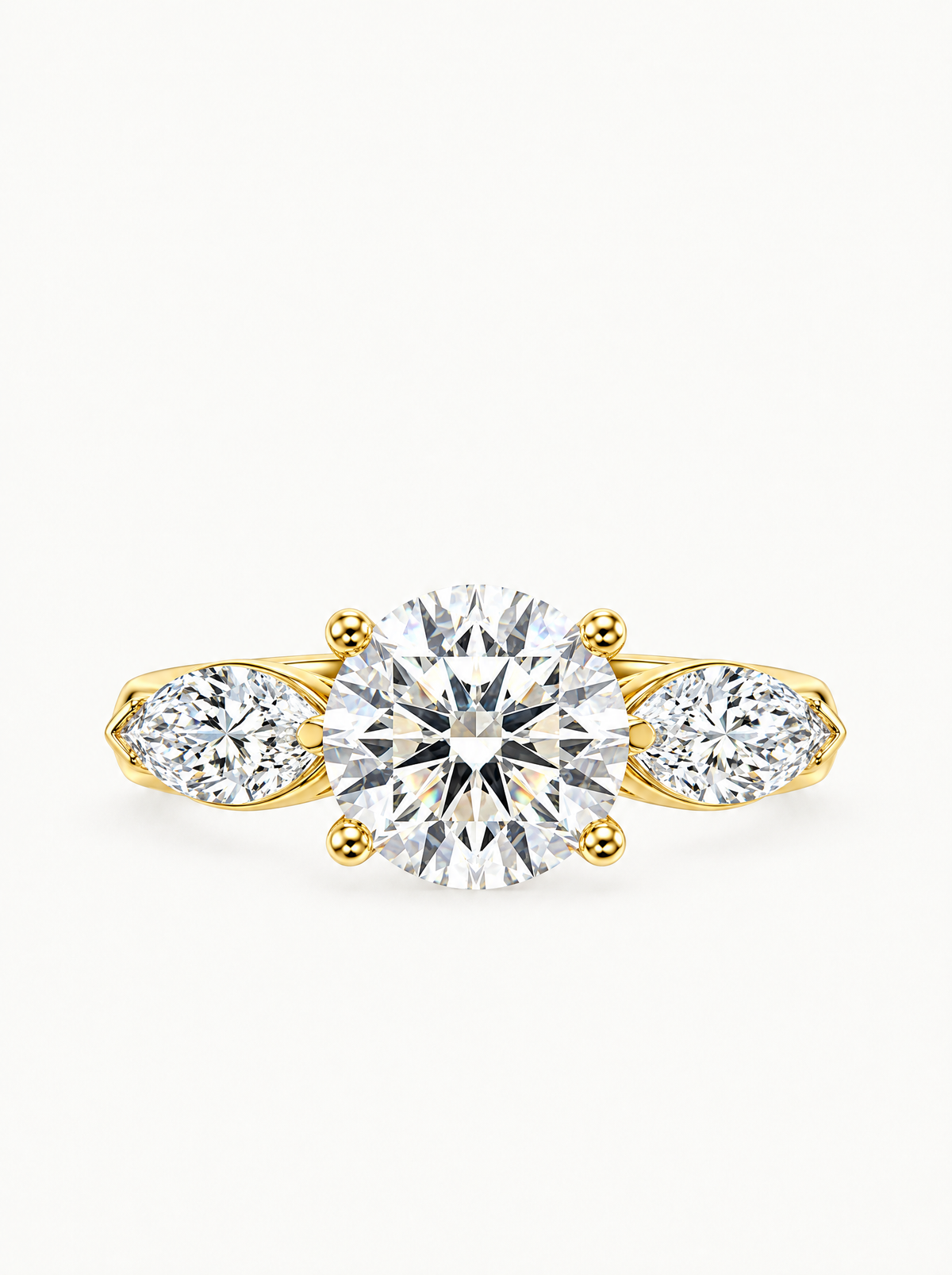 3.00 ctw Round & Marquise Three-Stone Lab-Grown Diamond Engagement Ring in 14K yellow gold, angled side view — Bow Tie Lab Diamonds