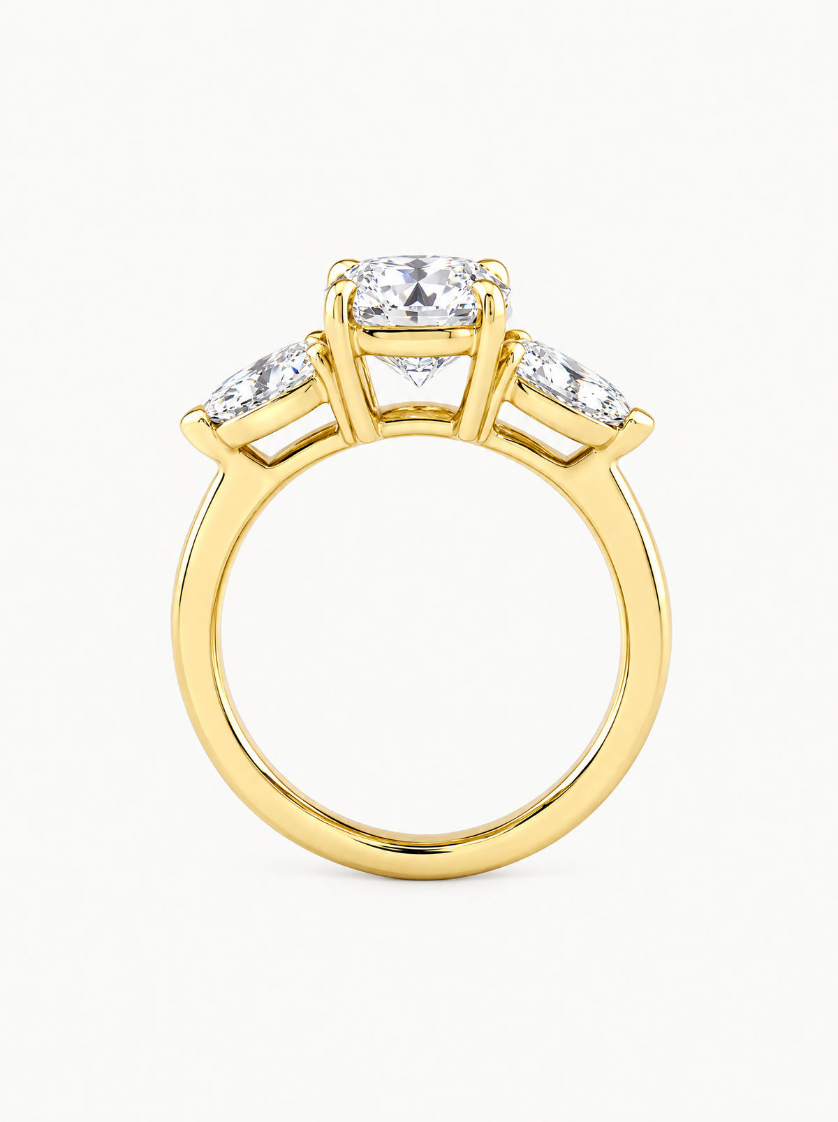 3.00 ctw Round & Marquise Three-Stone Lab-Grown Diamond Engagement Ring in 14K yellow gold, angled side view — Bow Tie Lab Diamonds