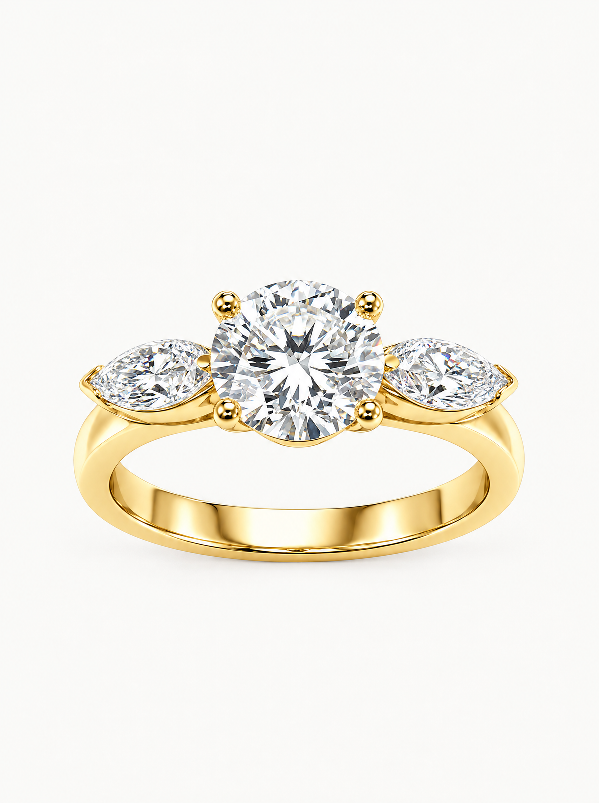 3.00 ctw Round & Marquise Three-Stone Lab-Grown Diamond Engagement Ring in 14K yellow gold, front view — Bow Tie Lab Diamonds