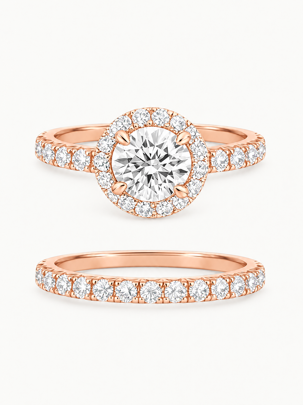 3.20 ctw Round Halo Pave Lab-Grown Diamond Bridal Set in 14K rose gold, front view — Bow Tie Lab Diamonds