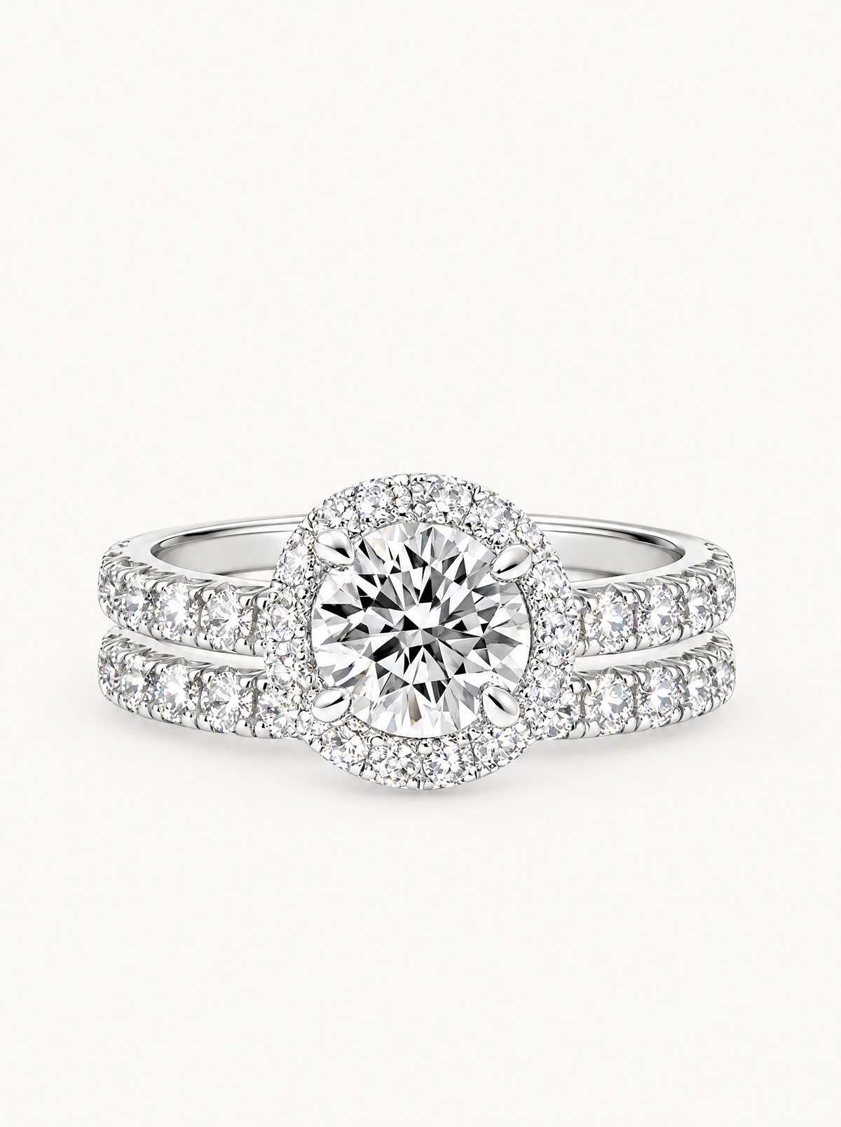 3.20 ctw Round Halo Pave Lab-Grown Diamond Bridal Set in 14K white gold, front view — Bow Tie Lab Diamonds