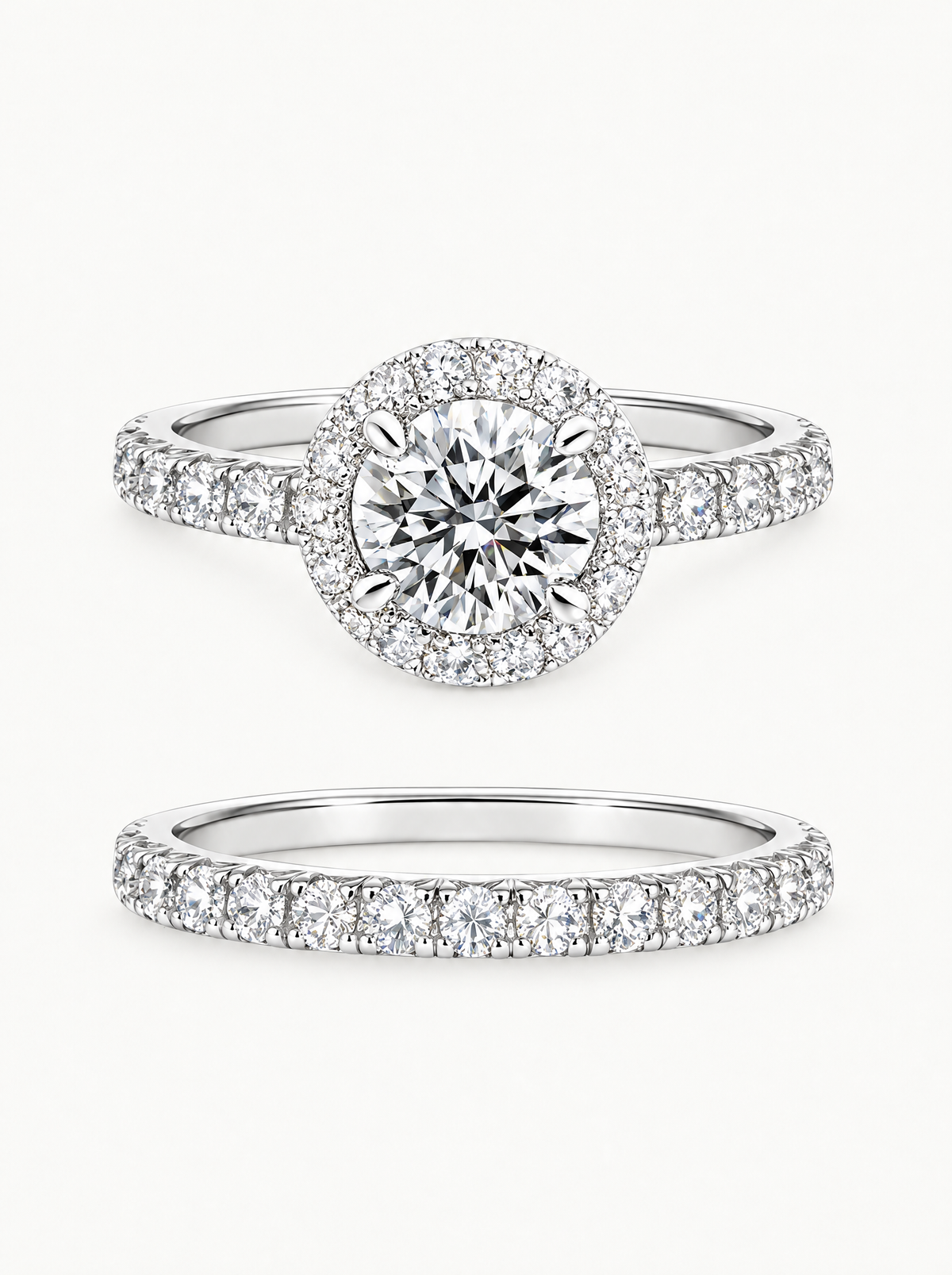 3.20 ctw Round Halo Pave Lab-Grown Diamond Bridal Set in 14K white gold, angled side view — Bow Tie Lab Diamonds