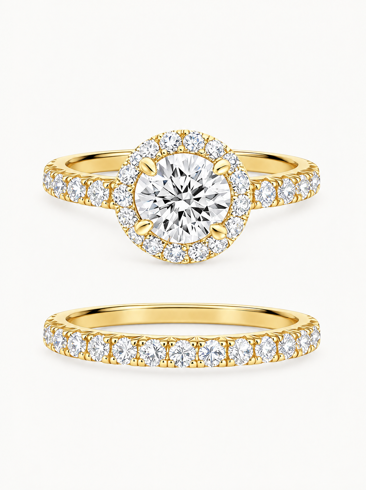 3.20 ctw Round Halo Pave Lab-Grown Diamond Bridal Set in 14K yellow gold, front view — Bow Tie Lab Diamonds