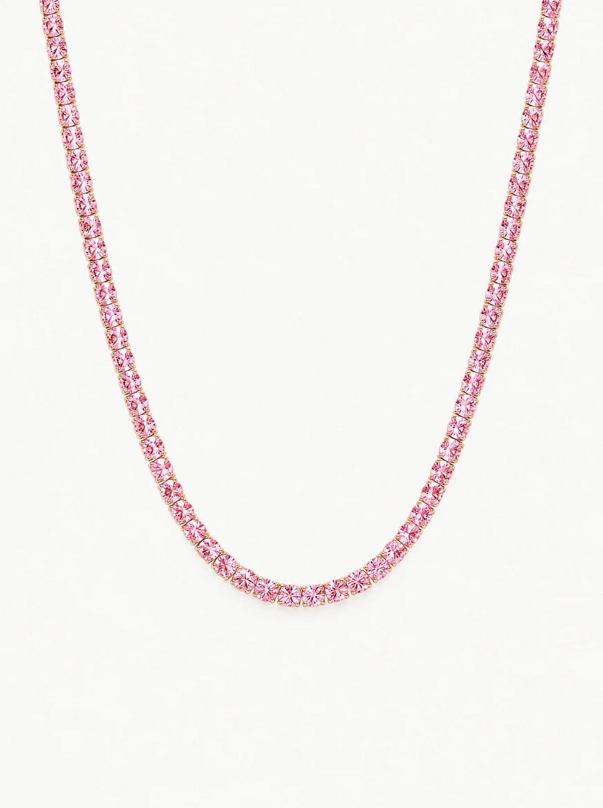 Fancy Pink 3.25mm (15.30-21.20 ctw) Round 4-Prong Lab-Grown Diamond Tennis Necklace in 14K rose gold, front view — Bow Tie Lab Diamonds