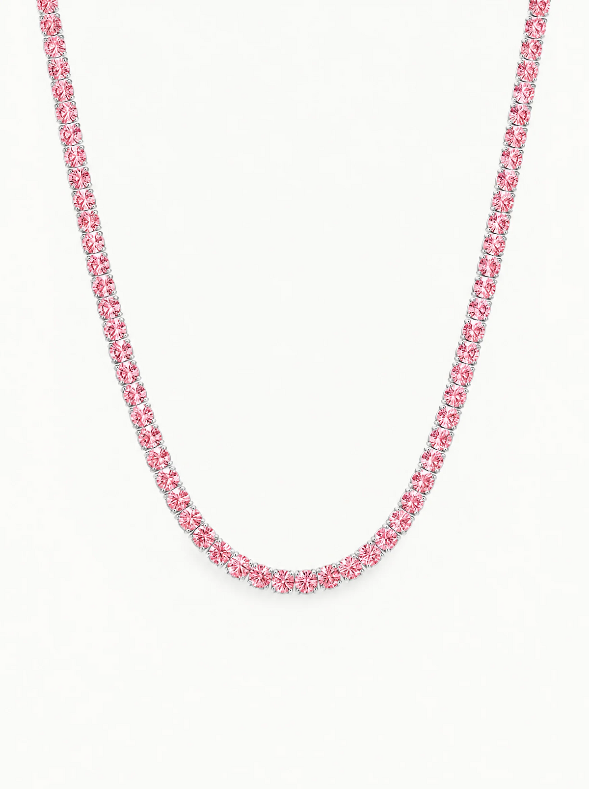 Fancy Pink 3.25mm (15.30-21.20 ctw) Round 4-Prong Lab-Grown Diamond Tennis Necklace in 14K white gold, front view — Bow Tie Lab Diamonds