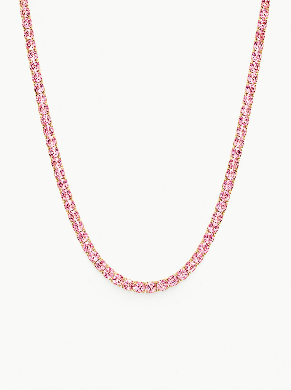 Fancy Pink 3.25mm (15.30-21.20 ctw) Round 4-Prong Lab-Grown Diamond Tennis Necklace in 14K yellow gold, front view — Bow Tie Lab Diamonds