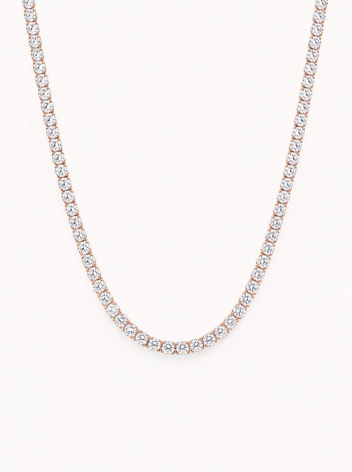 3.25mm (15.30-21.20 ctw) Round 4-Prong Lab-Grown Diamond Tennis Necklace in 14K rose gold, front view — Bow Tie Lab Diamonds