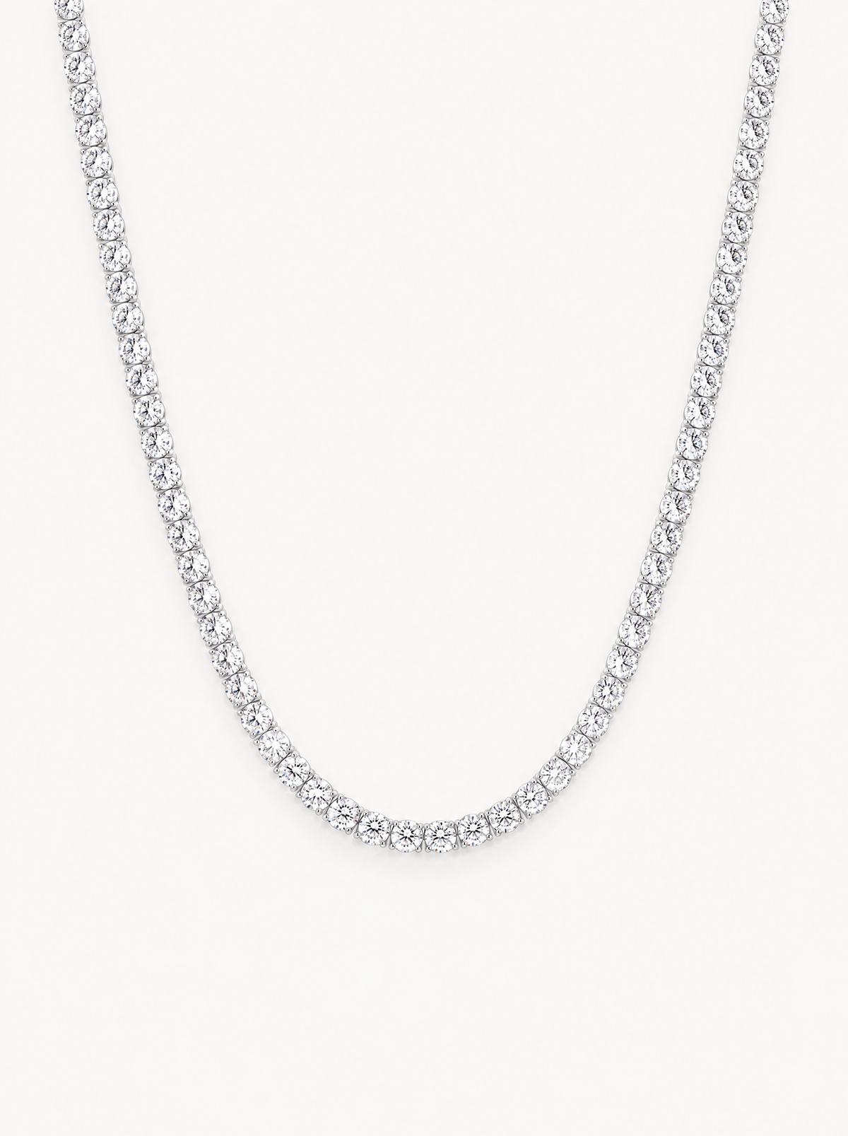 3.25mm (15.30-21.20 ctw) Round 4-Prong Lab-Grown Diamond Tennis Necklace in 14K white gold, front view — Bow Tie Lab Diamonds