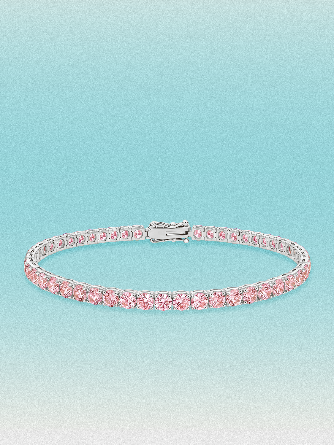 Bow Tie Lab Diamonds Fancy Pink 3.4mm (7.20 ctw) Round 4-Prong lab-grown diamond tennis bracelet — 48 round pink lab-grown diamonds, 7.20 ctw total, 7-inch, shown in 14K white gold.