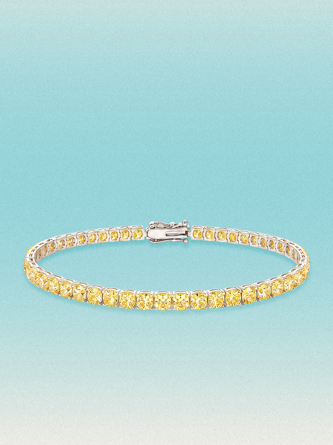 Bow Tie Lab Diamonds Fancy Yellow 3.4mm (7.20 ctw) Round 4-Prong lab-grown diamond tennis bracelet — 48 round yellow lab-grown diamonds, 7.20 ctw total, 7-inch, shown in 14K white gold.
