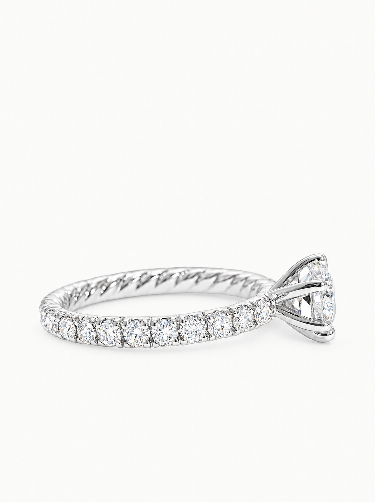 3.50 ctw Round Pave Rope Lab-Grown Diamond Engagement Ring in 14K white gold, angled side view — Bow Tie Lab Diamonds