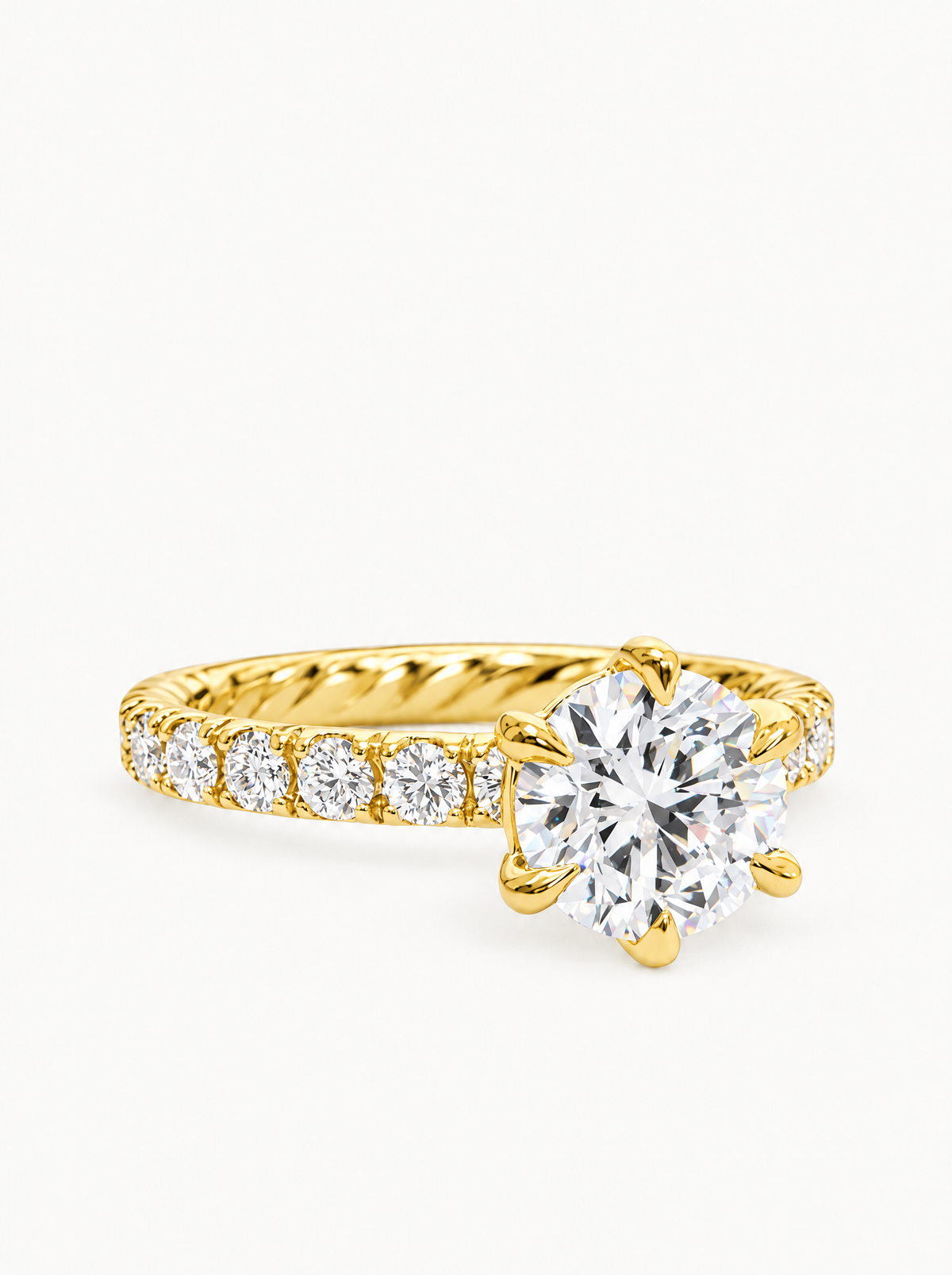3.50 ctw Round Pave Rope Lab-Grown Diamond Engagement Ring in 14K yellow gold, angled side view — Bow Tie Lab Diamonds