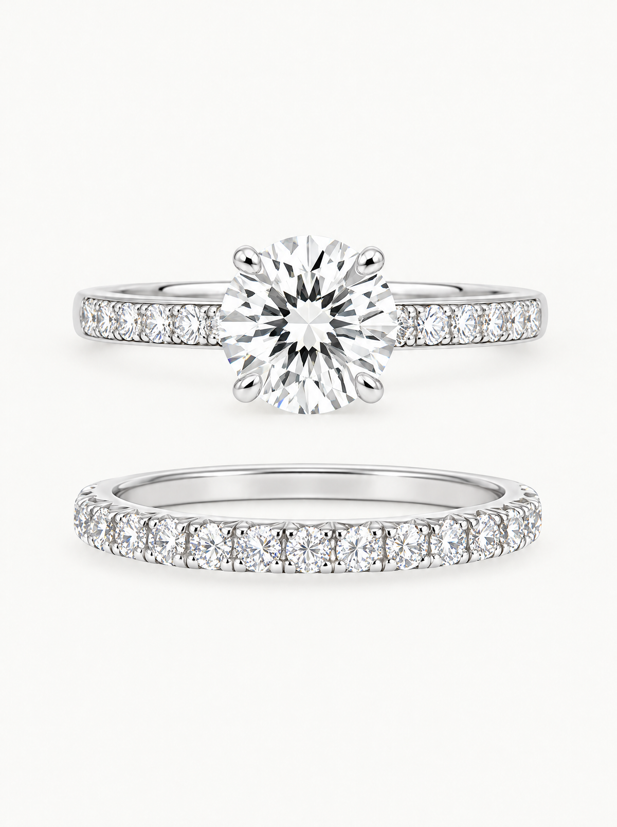 3.50 ctw Round Pave Lab-Grown Diamond Bridal Set in 14K white gold, angled side view — Bow Tie Lab Diamonds