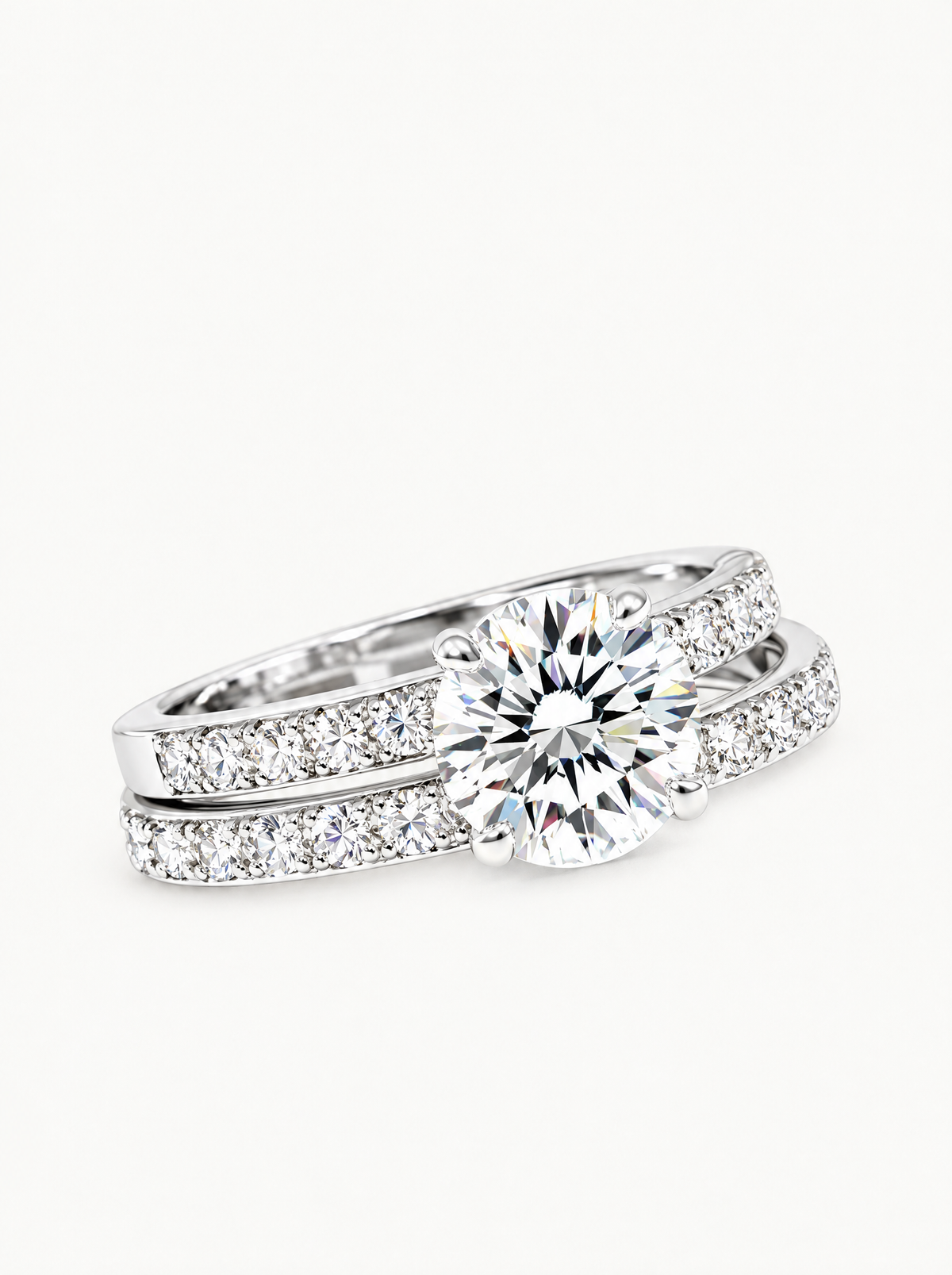 3.50 ctw Round Pave Lab-Grown Diamond Bridal Set in 14K white gold, angled side view — Bow Tie Lab Diamonds