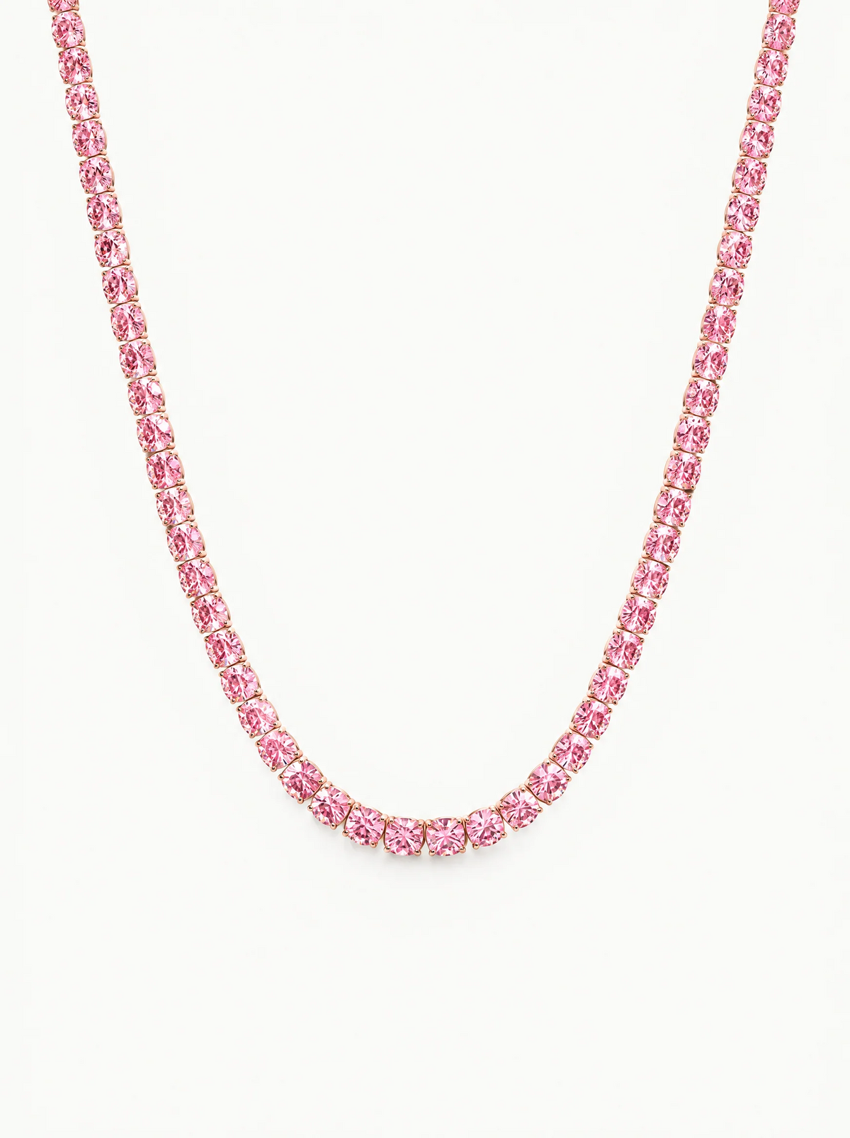 Fancy Pink 3.5mm (18.00-25.00 ctw) Round 4-Prong Lab-Grown Diamond Tennis Necklace in 14K rose gold, front view — Bow Tie Lab Diamonds