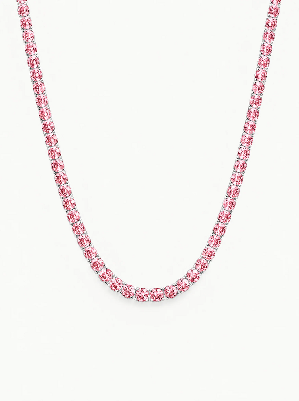 Fancy Pink 3.5mm (18.00-25.00 ctw) Round 4-Prong Lab-Grown Diamond Tennis Necklace in 14K white gold, front view — Bow Tie Lab Diamonds