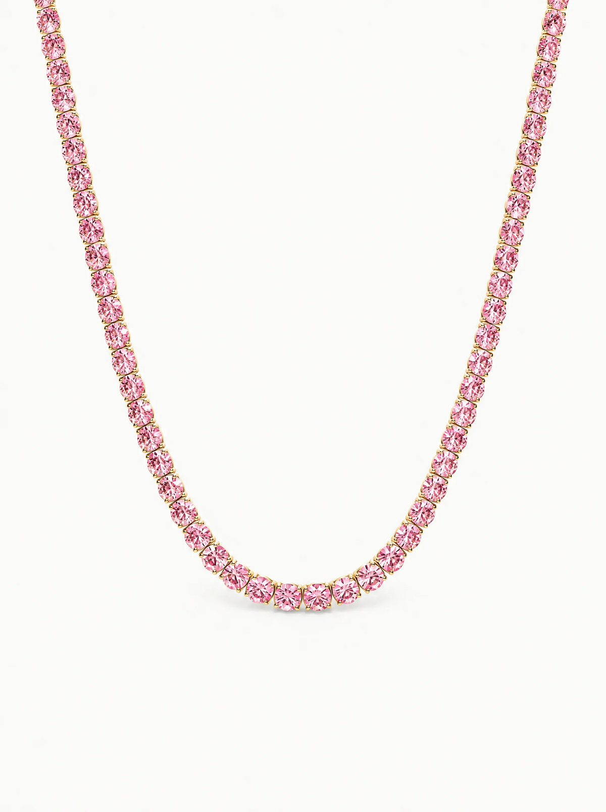 Fancy Pink 3.5mm (18.00-25.00 ctw) Round 4-Prong Lab-Grown Diamond Tennis Necklace in 14K yellow gold, front view — Bow Tie Lab Diamonds