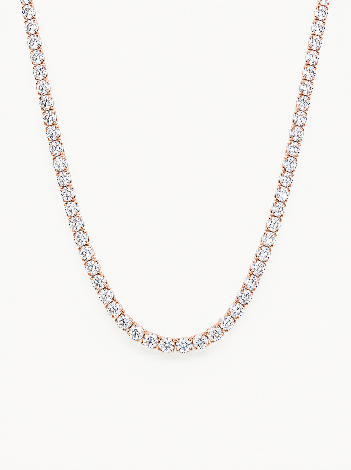 3.5mm (18.00-25.00 ctw) Round 4-Prong Lab-Grown Diamond Tennis Necklace in 14K rose gold, front view — Bow Tie Lab Diamonds