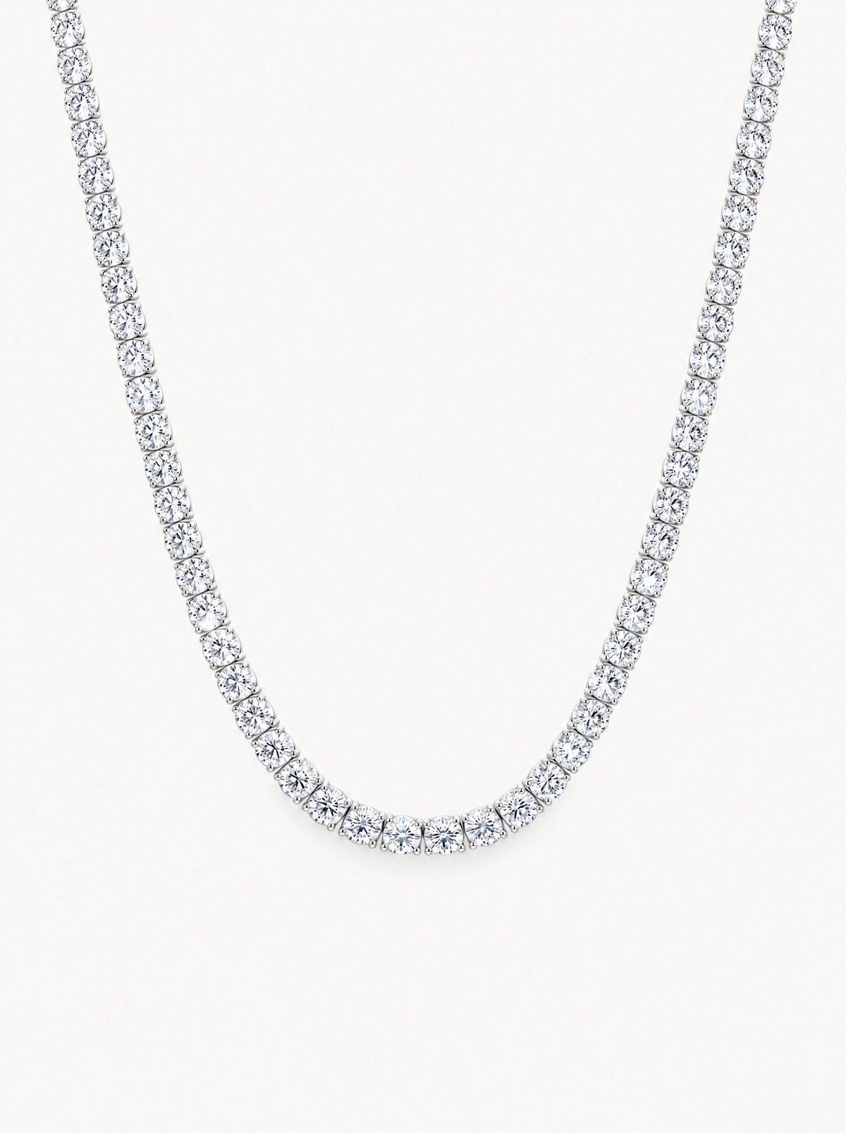 3.5mm (18.00-25.00 ctw) Round 4-Prong Lab-Grown Diamond Tennis Necklace in 14K white gold, front view — Bow Tie Lab Diamonds
