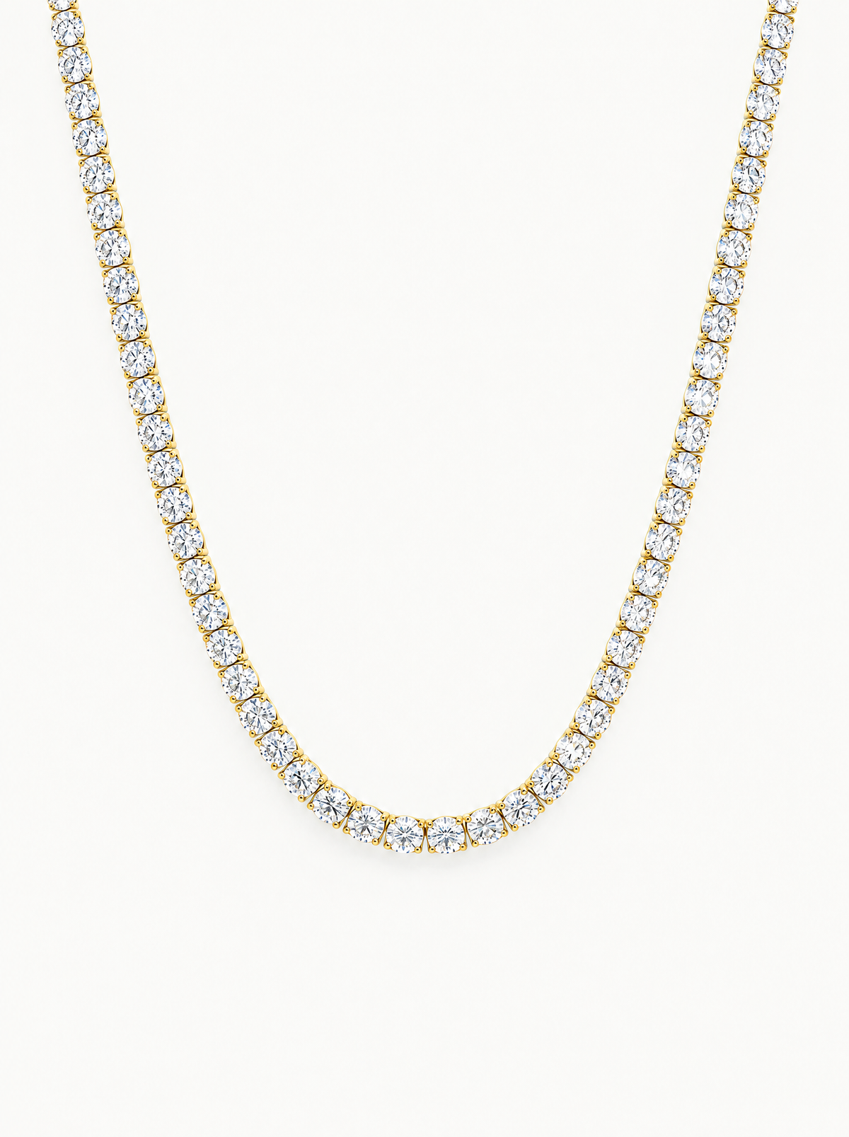 3.5mm (18.00-25.00 ctw) Round 4-Prong Lab-Grown Diamond Tennis Necklace in 14K yellow gold, front view — Bow Tie Lab Diamonds