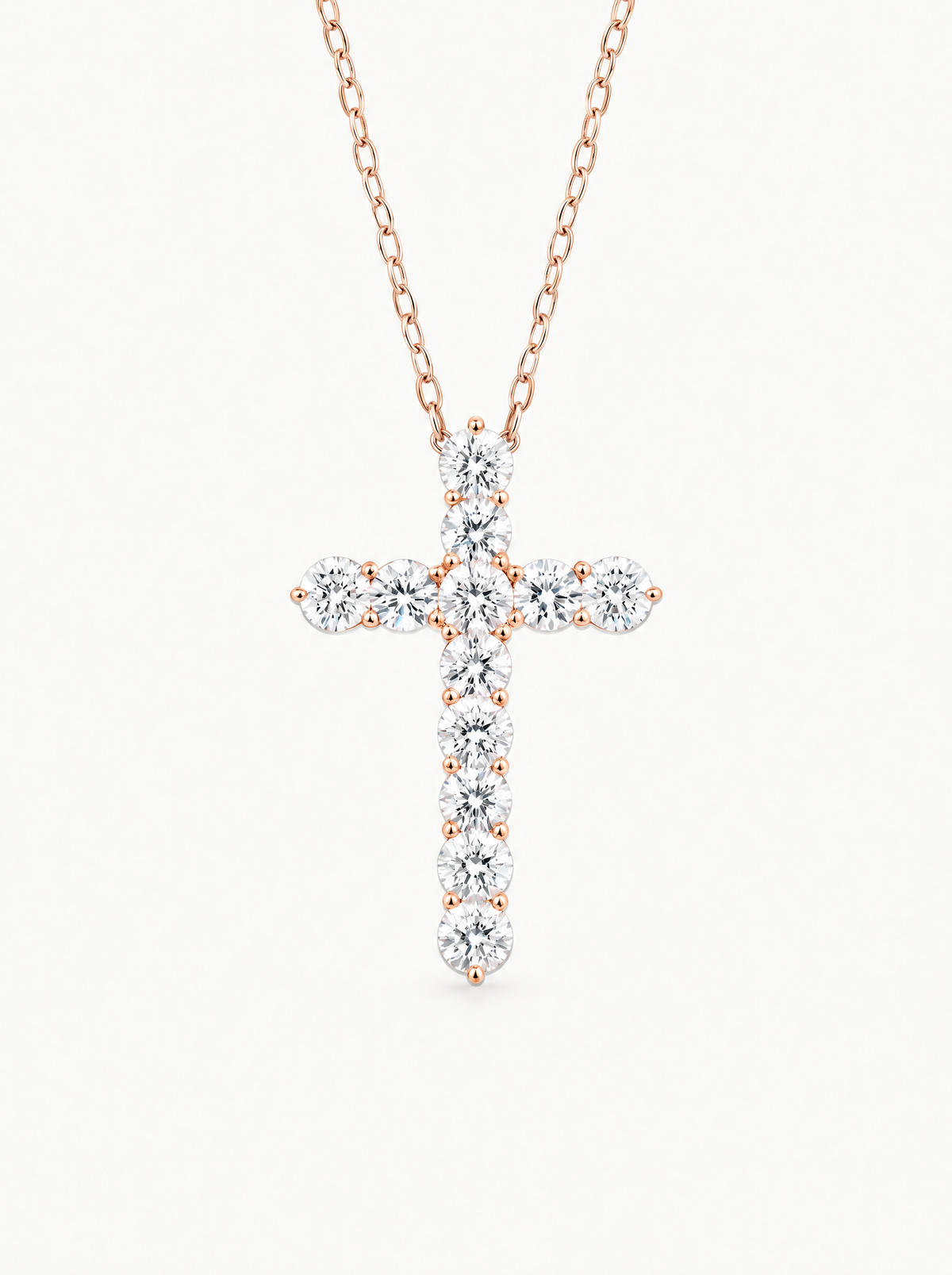 3.60 ctw 12-Stones Cross Round Lab-Grown Diamond Pendant Necklace in 14K rose gold, front view — Bow Tie Lab Diamonds