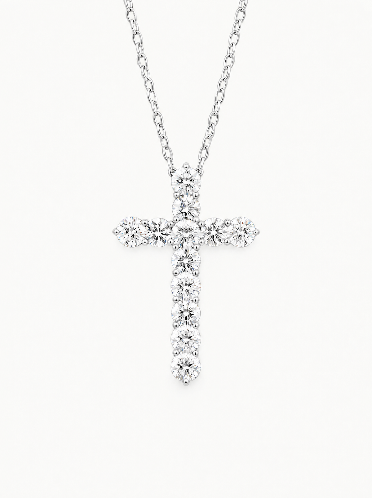3.60 ctw 12-Stones Cross Round Lab-Grown Diamond Pendant Necklace in 14K white gold, front view — Bow Tie Lab Diamonds