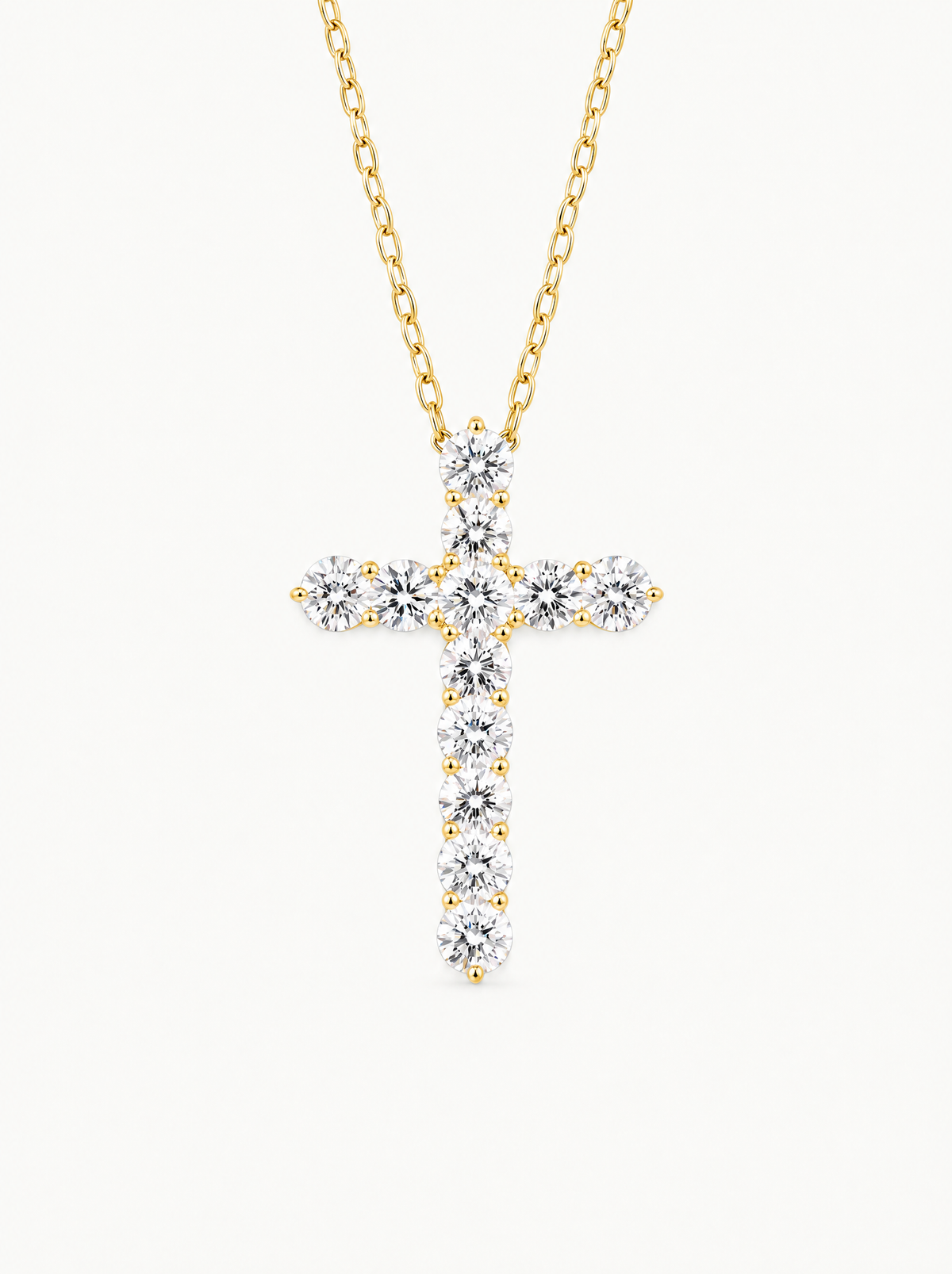 3.60 ctw 12-Stones Cross Round Lab-Grown Diamond Pendant Necklace in 14K yellow gold, front view — Bow Tie Lab Diamonds
