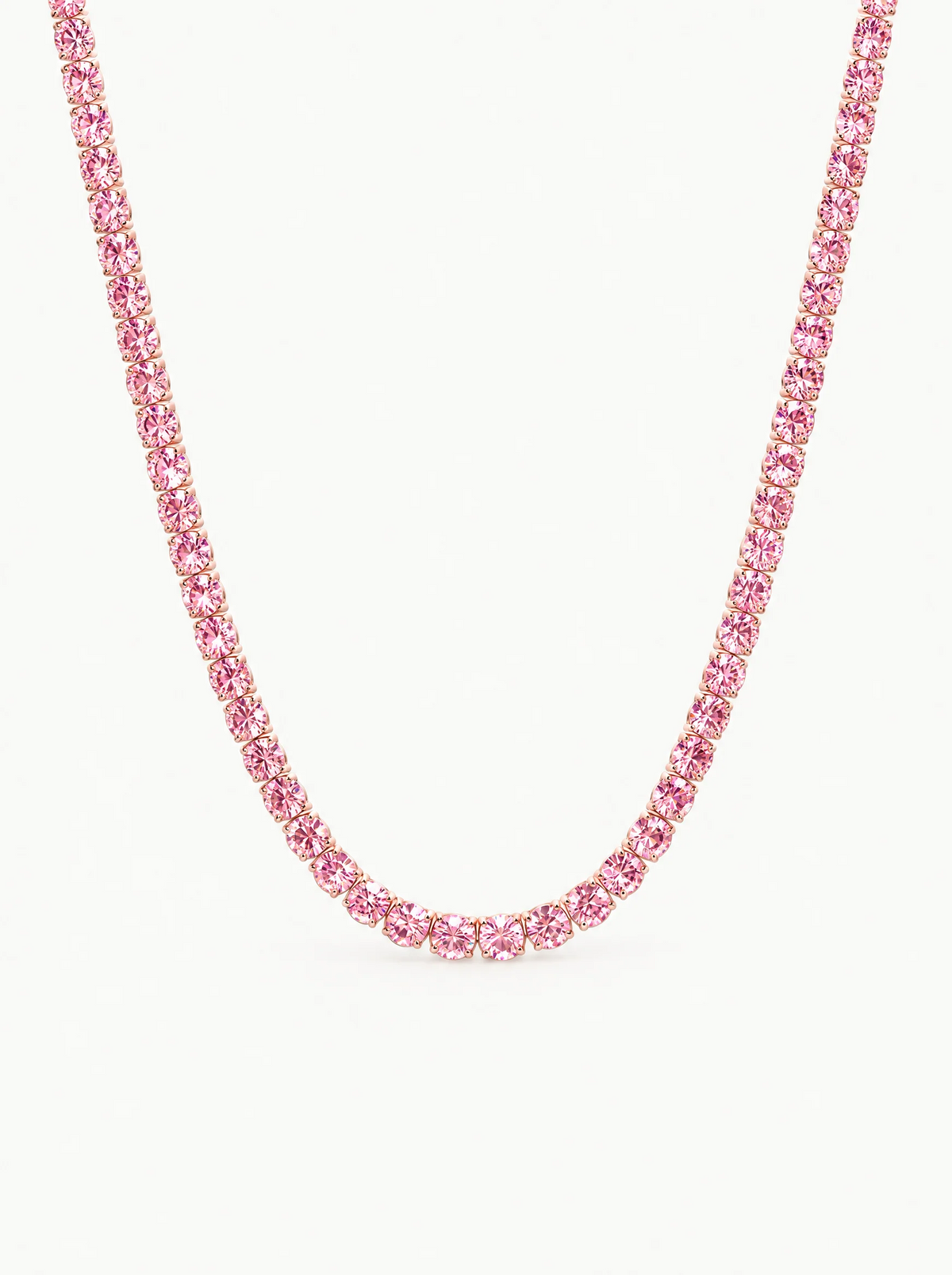 Fancy Pink 3.75mm (20.50-28.50 ctw) Round 4-Prong Lab-Grown Diamond Tennis Necklace in 14K rose gold, front view — Bow Tie Lab Diamonds