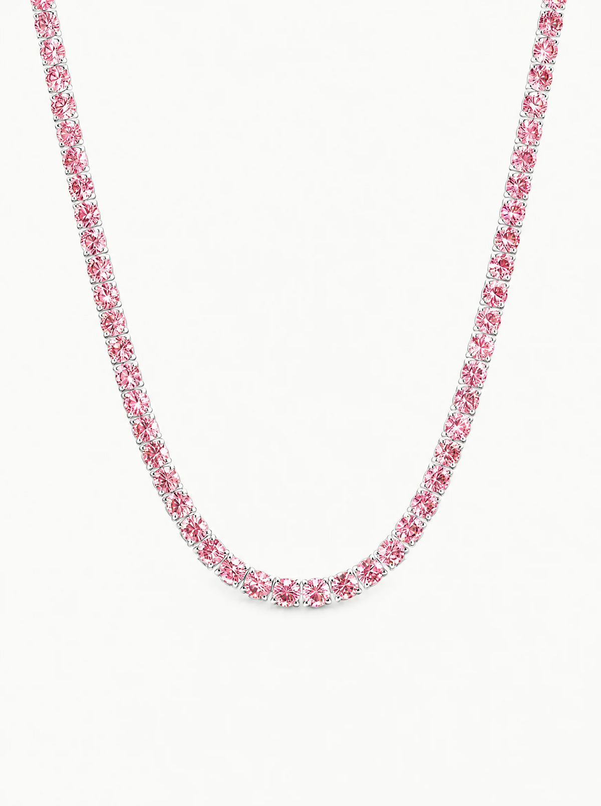 Fancy Pink 3.75mm (20.50-28.50 ctw) Round 4-Prong Lab-Grown Diamond Tennis Necklace in 14K white gold, front view — Bow Tie Lab Diamonds