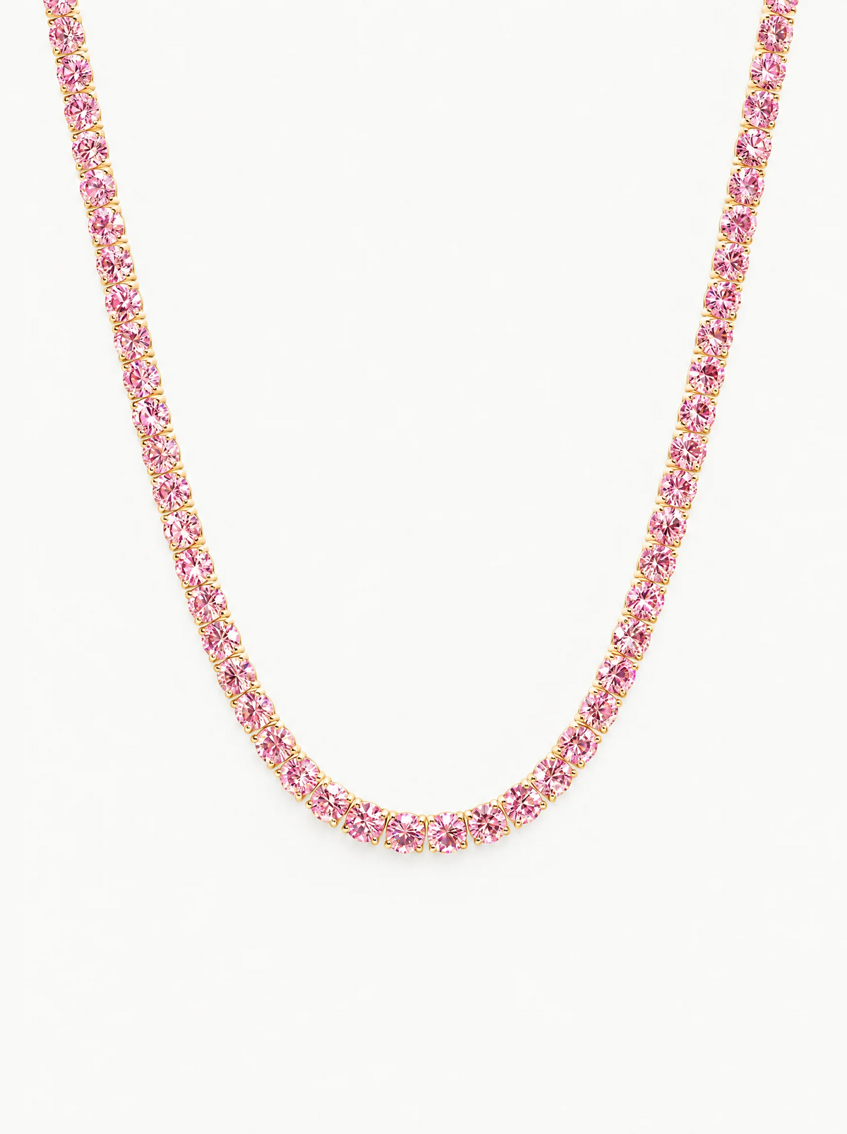 Fancy Pink 3.75mm (20.50-28.50 ctw) Round 4-Prong Lab-Grown Diamond Tennis Necklace in 14K yellow gold, front view — Bow Tie Lab Diamonds
