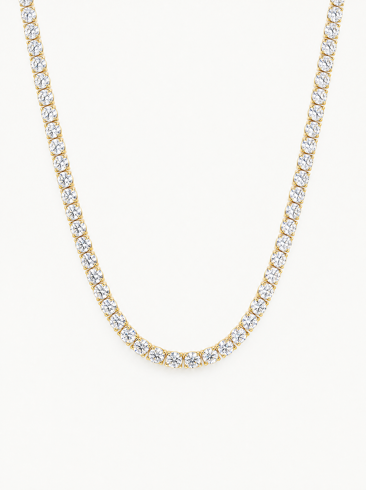 3.75mm (20.50-28.50 ctw) Round 4-Prong Lab-Grown Diamond Tennis Necklace in 14K yellow gold, front view — Bow Tie Lab Diamonds
