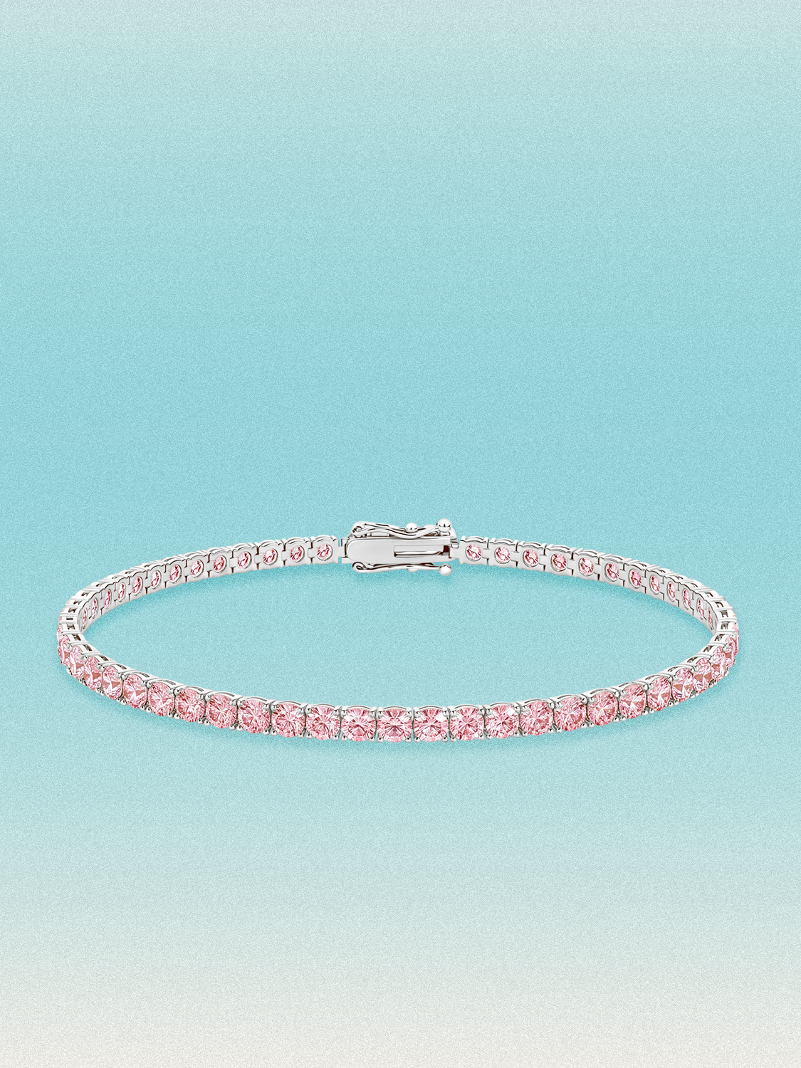 Bow Tie Lab Diamonds Fancy Pink 3mm (5.50 ctw) Round 4-Prong lab-grown diamond tennis bracelet — 53 round pink lab-grown diamonds, 5.50 ctw total, 7-inch, shown in 14K white gold.