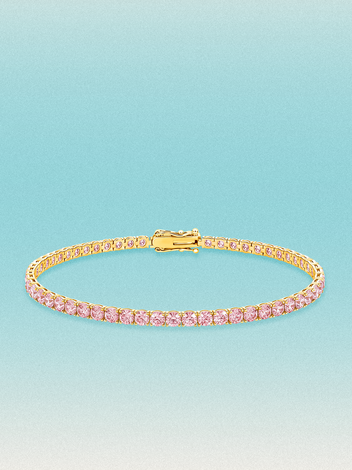 Bow Tie Lab Diamonds Fancy Pink 3mm (5.50 ctw) Round 4-Prong lab-grown diamond tennis bracelet — 53 round pink lab-grown diamonds, 5.50 ctw total, 7-inch, shown in 14K yellow gold.