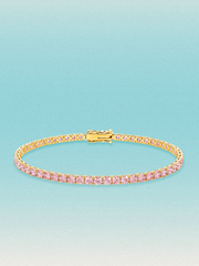 Bow Tie Lab Diamonds Fancy Pink 3mm (5.50 ctw) Round 4-Prong lab-grown diamond tennis bracelet — 53 round pink lab-grown diamonds, 5.50 ctw total, 7-inch, shown in 14K yellow gold.