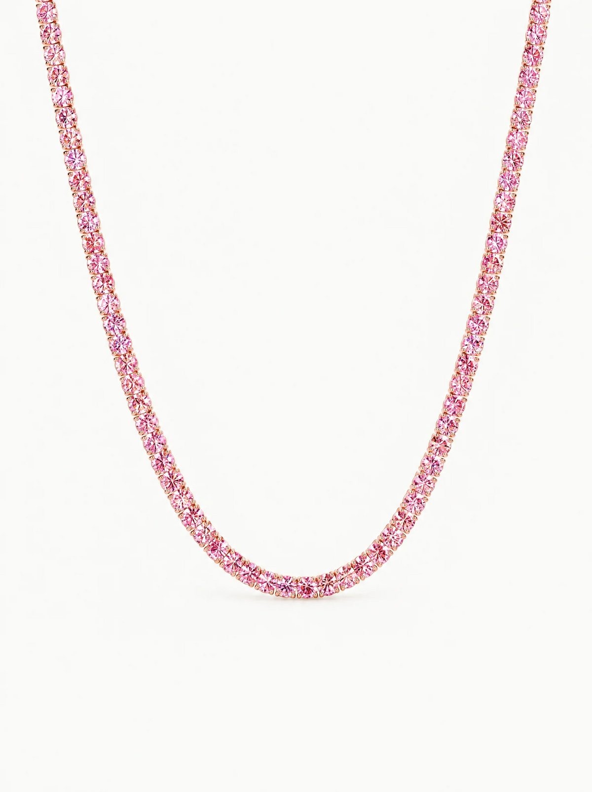 Fancy Pink 3mm (14.30-19.50 ctw) Round 4-Prong Lab-Grown Diamond Tennis Necklace in 14K rose gold, front view — Bow Tie Lab Diamonds
