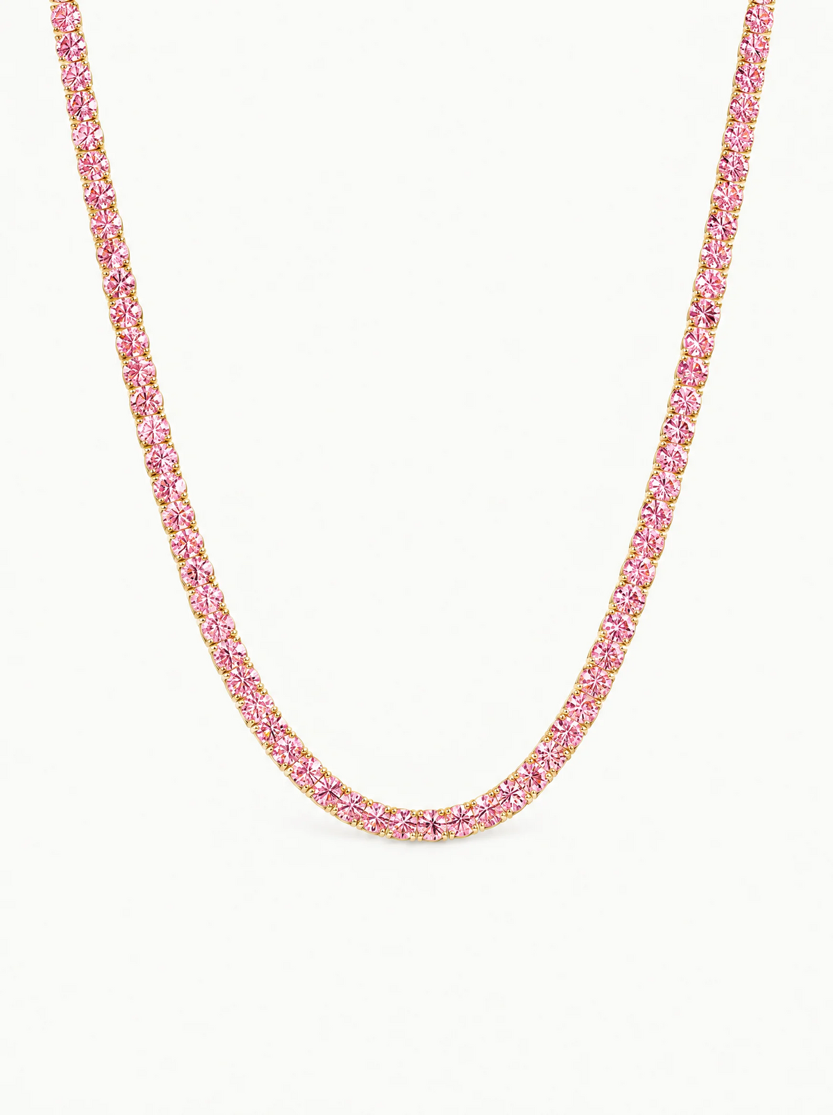 Fancy Pink 3mm (14.30-19.50 ctw) Round 4-Prong Lab-Grown Diamond Tennis Necklace in 14K yellow gold, front view — Bow Tie Lab Diamonds