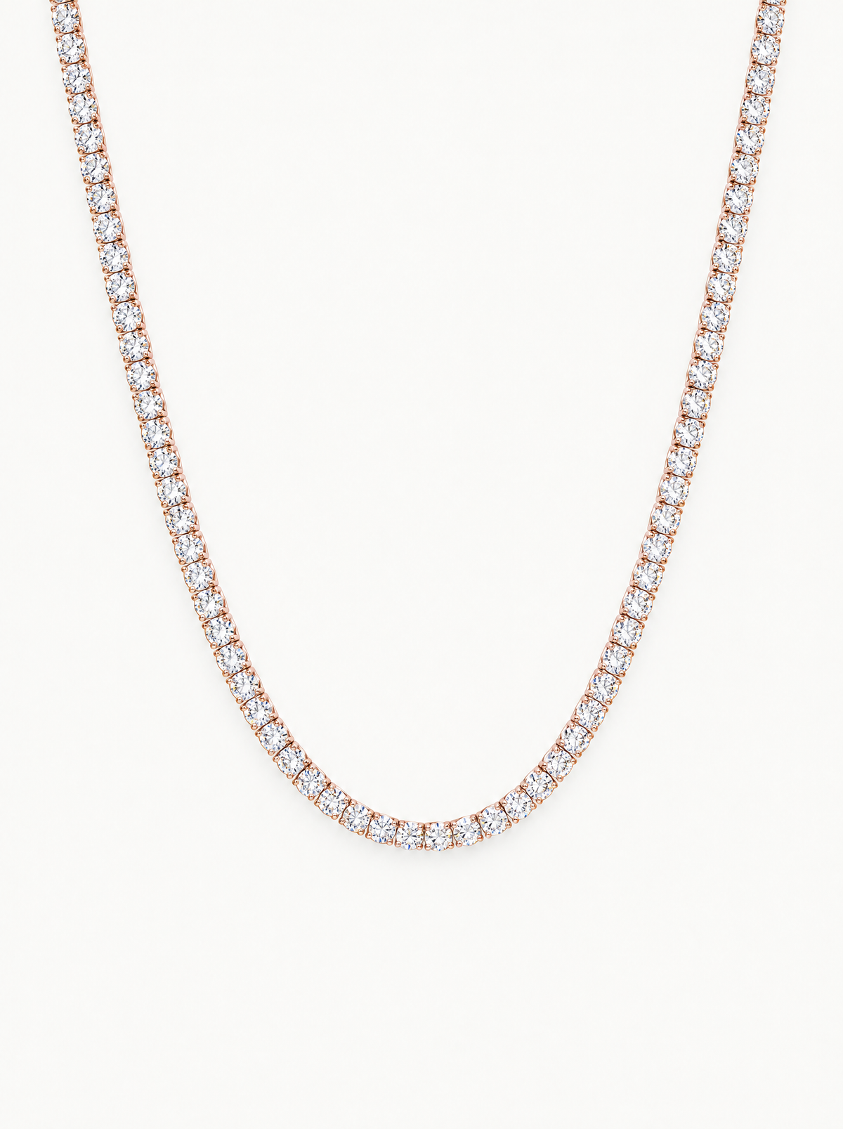 3mm (14.30-19.50 ctw) Round 4-Prong Lab-Grown Diamond Tennis Necklace in 14K rose gold, front view — Bow Tie Lab Diamonds