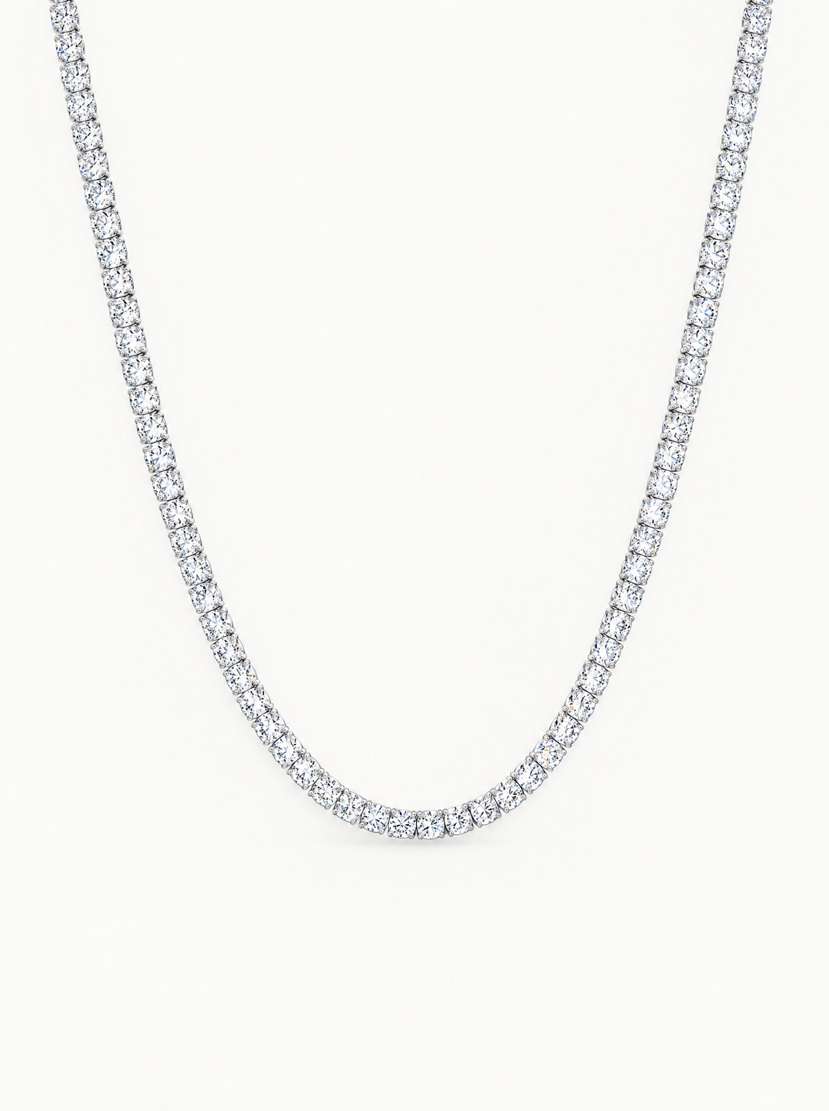 3mm (14.30-19.50 ctw) Round 4-Prong Lab-Grown Diamond Tennis Necklace in 14K white gold, front view — Bow Tie Lab Diamonds